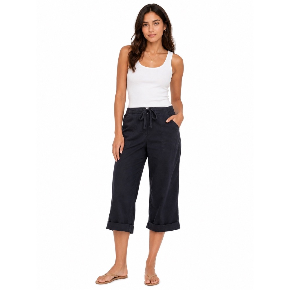 NWT Jones Sport Womens Black Cotton Wide Leg Cropped Drawstring Pants Size 6 NEW